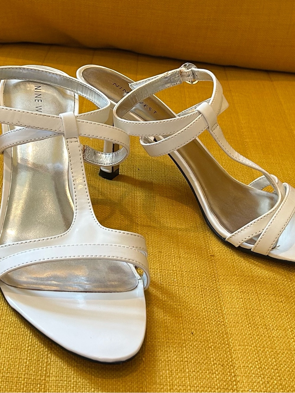 Nine West White Strappy T‑Bar Heels